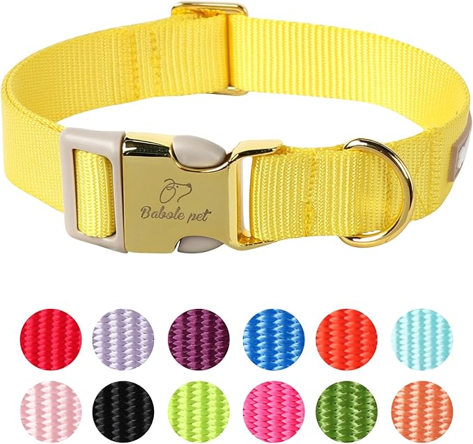 Nylon Dog Collar - Adjustable Yellow Soft Webbing Dog Collars for Small Medium Large Dogs Boy Girl Puppy Collar with Safety Metal Buckle M