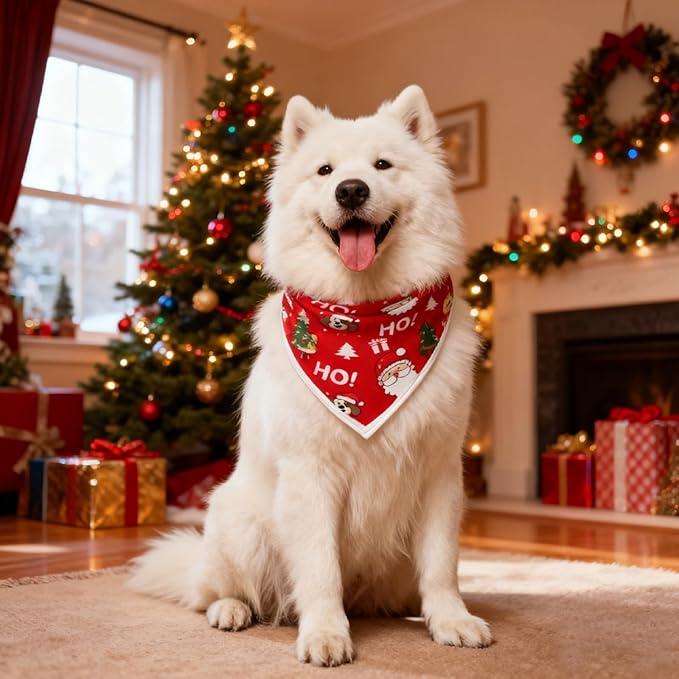 Christmas Dog Bandanas Santa Claus Dogs Scarf for Boy and Girl,Reflective Dog Bandana for Night Safety,Adjustable Cat Dogs Triangle Pet Scarves for Large Dogs,Red,L