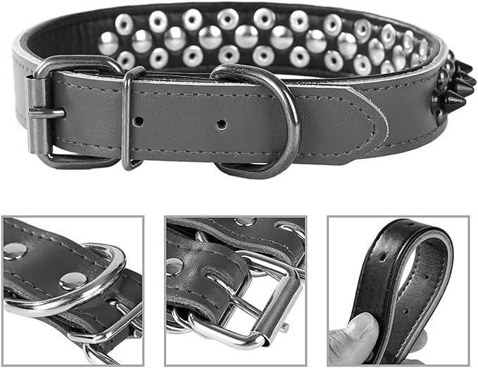 Spiked Studded Dog Collar, Genuine Leather Dog Collar, Adjustable Pet Collars for Medium Large Bulldog Pitbull Mastiff Poodle Boxer (M:29-38cm, Brown)