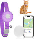 Smart Cat GPS Tracker, Cat Tracker Compatible with Apple Find My App (Only iOS), No Monthly Fee, Waterproof (White Tracker, Purple Cat Collar)