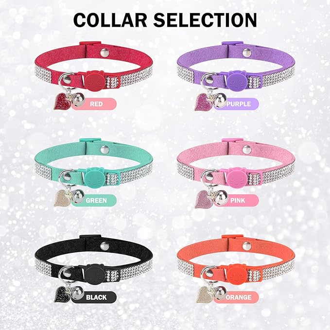 Rhinestone Cat Collar Breakaway with Bell, Diamond Cat Collar with Safety Buckle Quick Release for Girl Boy Small Kitten Pets Puppy,Cute Soft Female Male Cat Collars, Color Black 8-12"