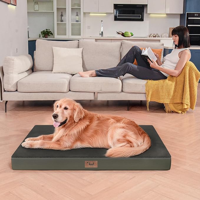 Flat Extra Large Dog Bed, Jumbo Waterproof Dog Bed for Large Dogs, Orthopedic Egg Crate Foam Pet Mat with Removable Washable Cover, Coffee