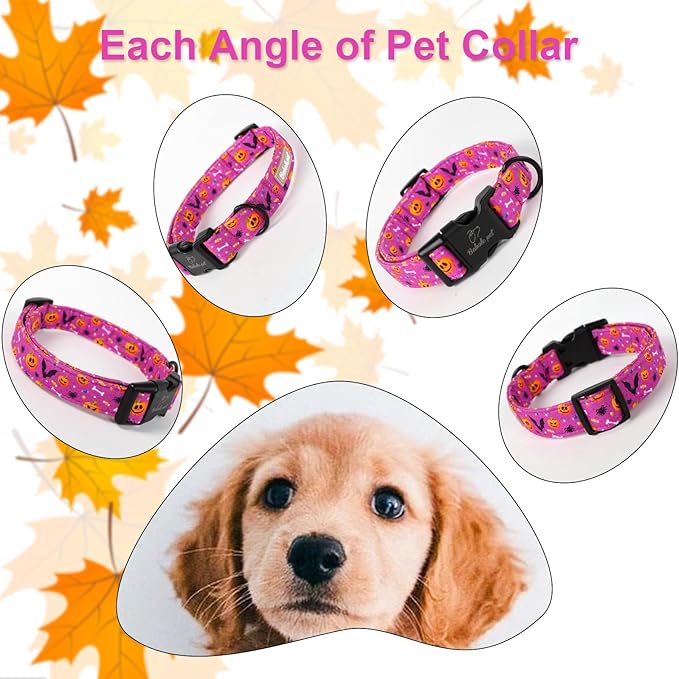 Halloween Dog Collar, Cute Pumpkin Bat Pattern Halloween Purple Puppy Collar, Soft Adjustable Cotton Dog Collars for Small Medium Large Boy&Girl Dogs XS