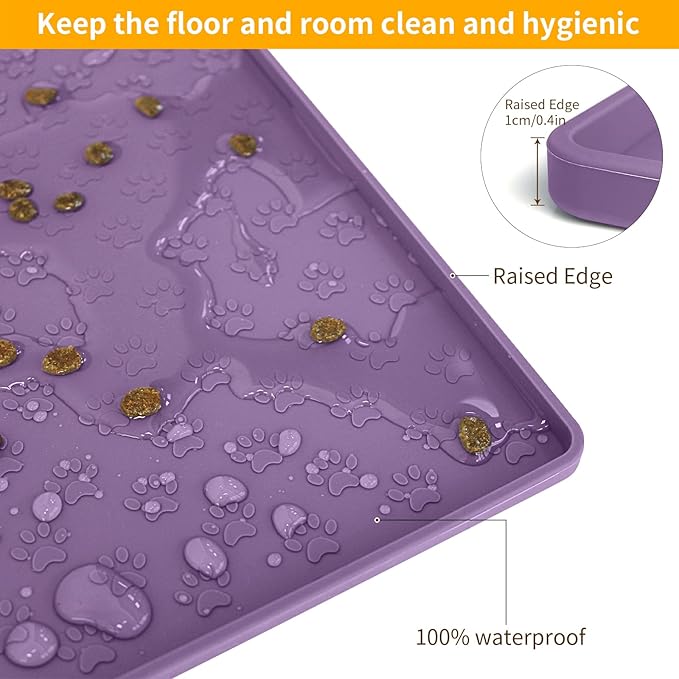 Ptlom Dog Food Mat Anti-Slip Pet Bowl Mats for Food and Water, High-Lips Pet Placemat Prevent Messy Spills to Floor, Waterproof Puppy Feeding Tray for Small, Medium Large Dogs Cats, Silicone