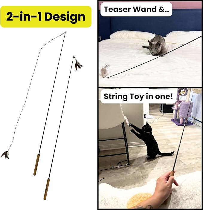 Forever Stick with Chew-Proof Metal Wire String and Transparent Fishing Line String - The Unbreakable Cat Wand Toy, Extra Long Durable Cat String Toy for Indoor Cats, Cat Fishing Pole Toy