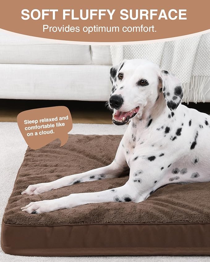 KSIIA Orthopedic Dog Bed Crate Waterproof Pet Mats for Extra Large Dogs Deluxe Plush Washable Pet Bed with Egg Crate Foam & Removable Cover, 47 x 29 Inch, Brown