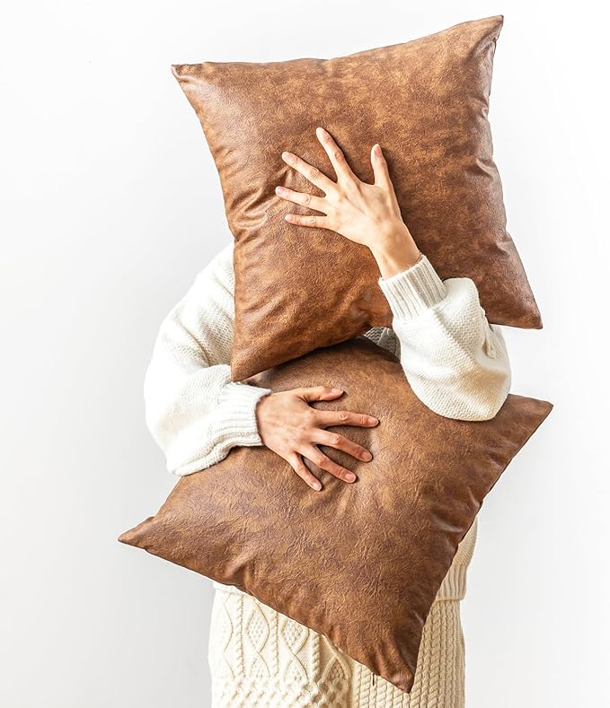 Pack of 2 Faux Leather Pillow Covers, Soft Rustic Farmhouse Neutral Vintage Decorative Cushion Cover, for Home Decor Outdoor Waterproof Pet Hair Resistant Pillow Covers 18X18 Inch Brown