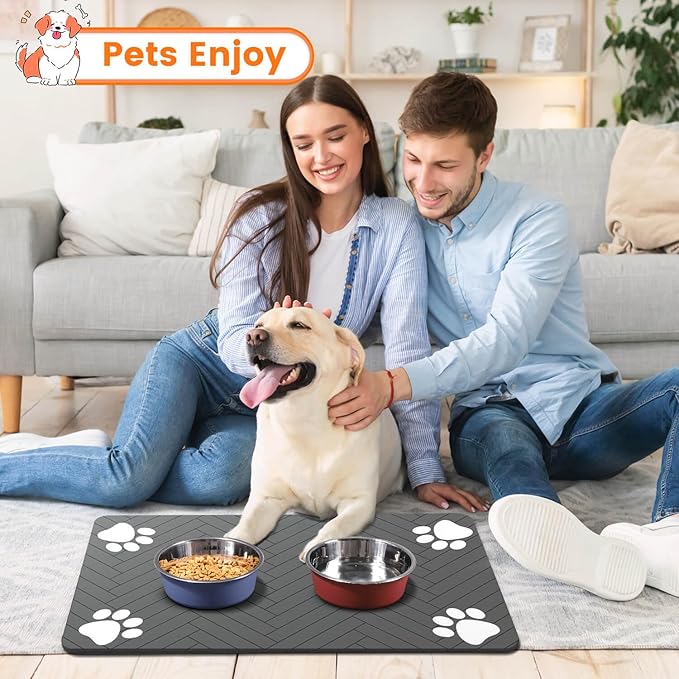 Pet Feeding Mat-Absorbent Pet Placemat for Food and Water Bowl, with Waterproof Rubber Backing, Quick Dry Water Dispenser Mat for Dog and Cat (27"x17", Black)