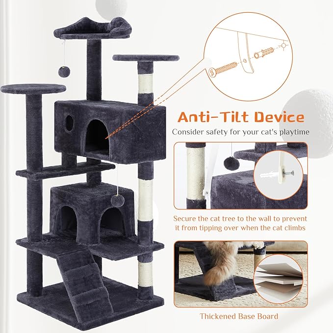 Sweetcrispy 54-Inch Cat Tree Tower – Multi-Level with Sisal Scratching Post, Perfect Pet Gift, Indoor Condo with Climbing Ladder, Plush Toy, and More Animal Stuff, Grey