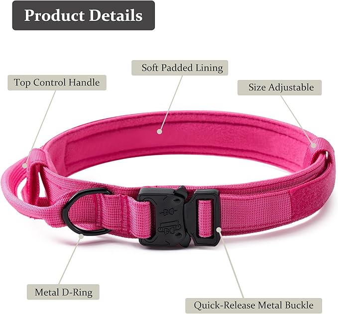 Tactical Dog Collar, Adjustable Military Training Nylon Dog Collar with Control Handle and Heavy Quick-Release Metal Buckle for Small Medium Large Dogs,Pink L