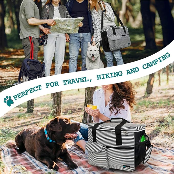 PetAmi Dog Travel Bag - Organizer with Food Container, Bowls & Accessories for Weekend Camping, Cat Diaper Bag (Stripe Black, Large)