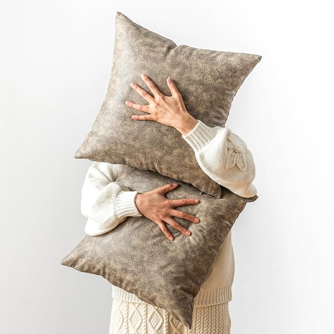 Neutral Decorative Faux Leather Pillow Covers, Pack of 2 Modern Boho Luxury Floor Cushion Cover, for Home Decor Pet Hair Resistant Abrasion Throw Pillow Covers 20x20 Inch Olive Green.