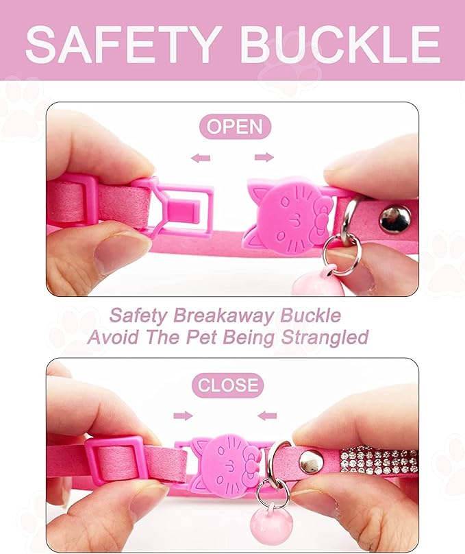 Solmoony Breakaway Cat Collars with Bell,Adjustable Safe Kitten Collar,Cat Collars for Girl Cats with Rhinestone Soft Velvet (Pink1)