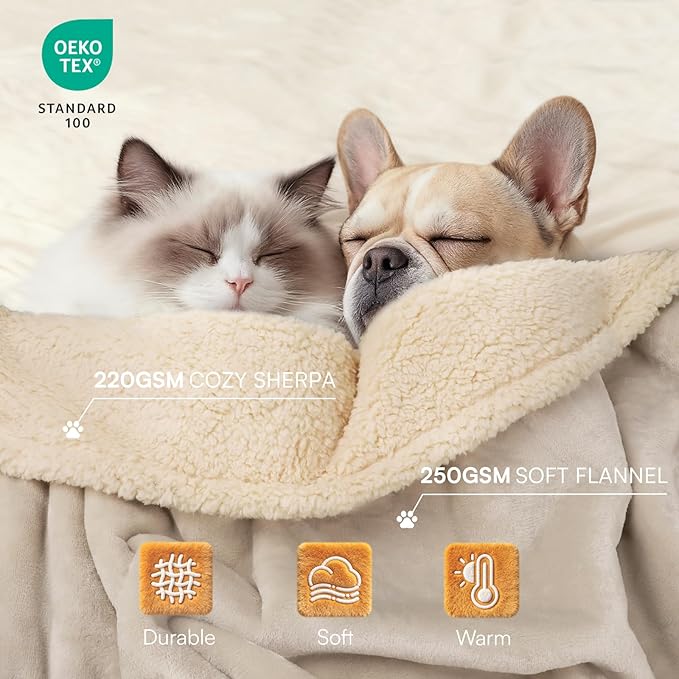 Waterproof Pet Blanket, Liquid Pee Proof Dog Blanket for Sofa Bed Couch, Reversible Sherpa Fleece Furniture Protector Cover for Small Medium Large Dogs Cats, Grey Beige Large（65" x 57"）