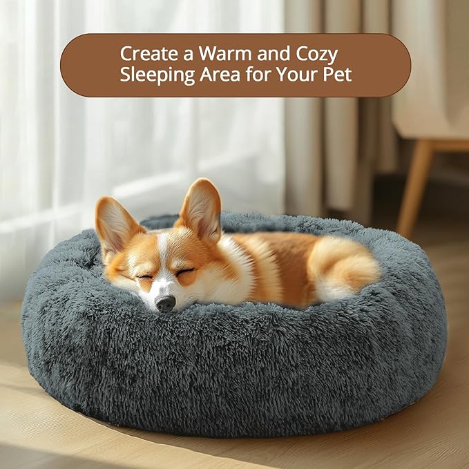 JOLLYVOGUE Calming Dog Bed for Small Dogs - 23 inches Donut Washable Small Dog Bed for Kittens & Puppies, Anti-Slip Round Fluffy Plush Faux Fur Cat Beds (Fits up to 25 lbs Pets, Navy Grey)