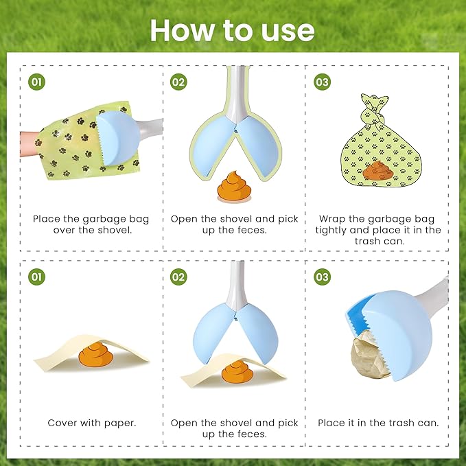 Dog Pooper Scooper Portable with Bag Attachment, One Handed Foldable Design, Includes 120 Waste Bags and Dispenser, 19 Inch Handle for Grass Yard Gravel Cleanup (Green)