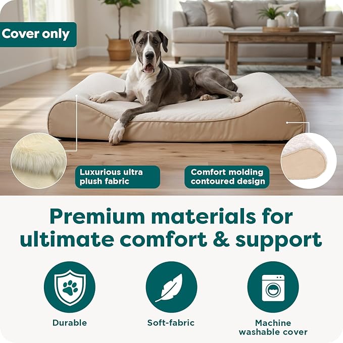 FurHaven Replacement Dog Bed Cover, Contour Luxe Lounger Design, Soft & Breathable Fabric for Cozy Comfort, Machine Washable, Large, Ultra Plush Faux Fur & Suede, Cream