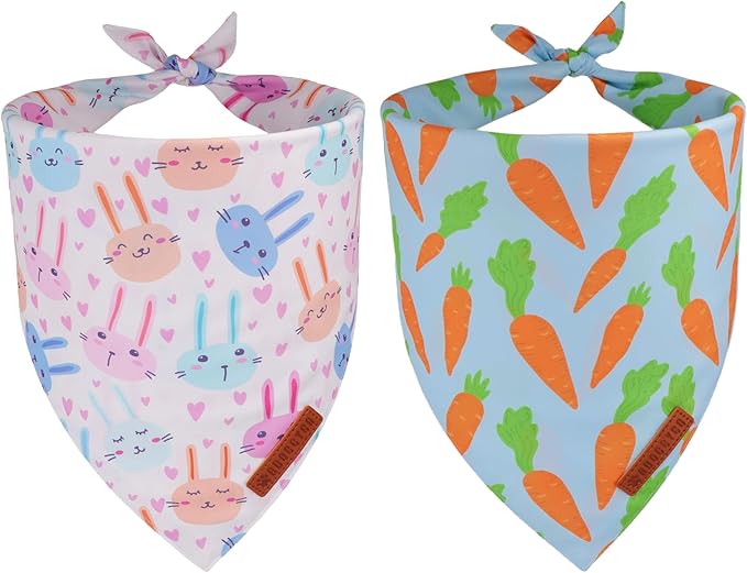 ADOGGYGO Easter Dog Bandanas 2 Pack, Reversible Bunny Carrot Print Puppy Scarf, Premium Fabric, Adjustable Fit Easter Bandana for Medium Large Dogs (Large)