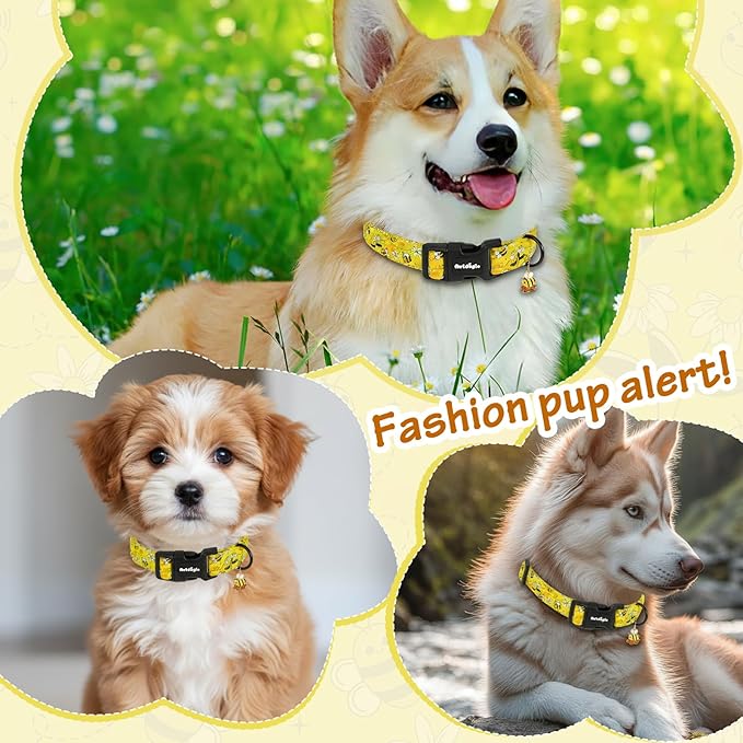 Yellow Dog Collar for Small Dogs, Spring & Summer Theme Small Dog Collars Featuring Bee Pollinating White Flowers Pattern, Adjustable Cotton Collar for Girl Boy Dogs -S