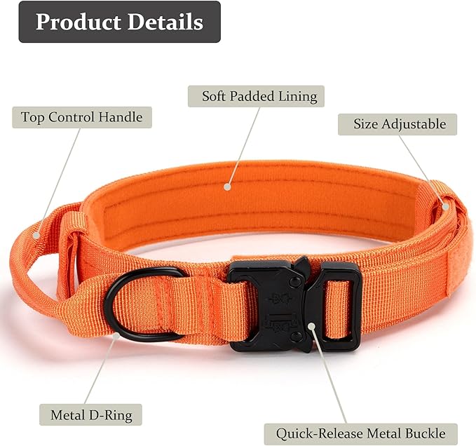 Tactical Dog Collar, Adjustable Military Training Nylon Dog Collar with Control Handle and Heavy Quick-Release Metal Buckle for Small Medium Large Dogs, Orange XL
