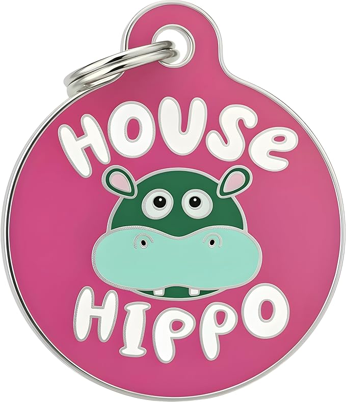 Bad Tags Personalized Dog and Cat ID Tags in 25+ Designs and 2 Sizes - 5 Lines of Custom Engraved Text - Funny Cute Personalized Pet Tags (House Hippo - Pink, Small (1 inch))