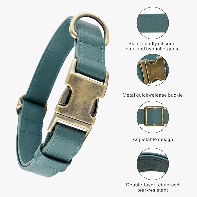Dog Collar and Leash Set,Leather Silicone Waterproof Odor-Proof Dog Collar and Leash for Large Dogs, Soft Flexible Dog Collars, Durable Thick Adjustable Pet Collar (Green, Large (14.5-24" Neck))