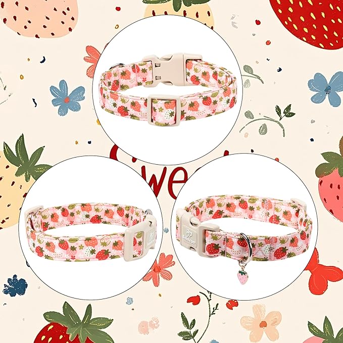 Strawberry Dog Collar for Small Dogs - Cute Spring Pink Dog Collars, Summer Pastel Puppy Collars, Soft Adjustable Boy Girl Dogs Collar with Quick-Release Buckle S