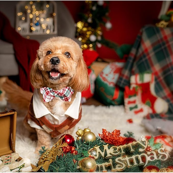 Dog Collar, Christmas Dog Collar Plaid Pet Collar Bow Holiday Bows Girl Boy Puppy Collar Adjustable Pet Collar for Medium Dogs