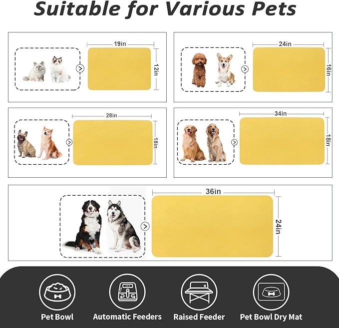 Dog Food Mat - Absorbent Cat Mat for Food and Water, No Stains Pet Feeding Bowl Mat, Easy to Clean Pet Placemats, Quick Dry Dog Water Dispenser Mat for Messy Drinkers | Yellow 12"x 19"