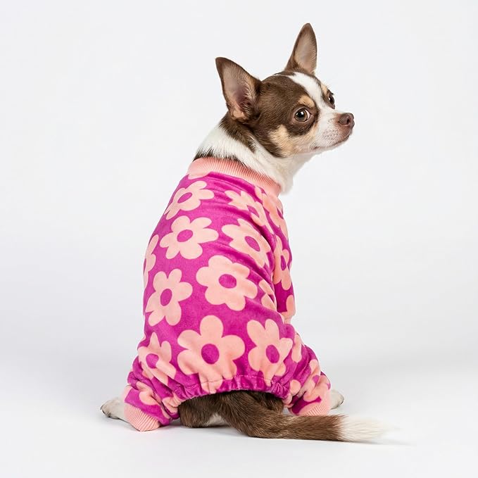 Fitwarm Flower Fleece Dog Pajamas, Warm Winter Dog Clothes for Small Dogs Girl, Cozy Pet Onesie with Feet, Pink, Large