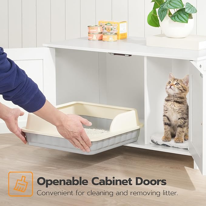 HOOBRO Litter Box Enclosure, Cat Litter Box Furniture with Removable Divider, Large Hidden Litter Box Furniture, Wooden Cat House, End Side Table, 31" L x 17.5" W x 19.7" H, White WT03MW01G2