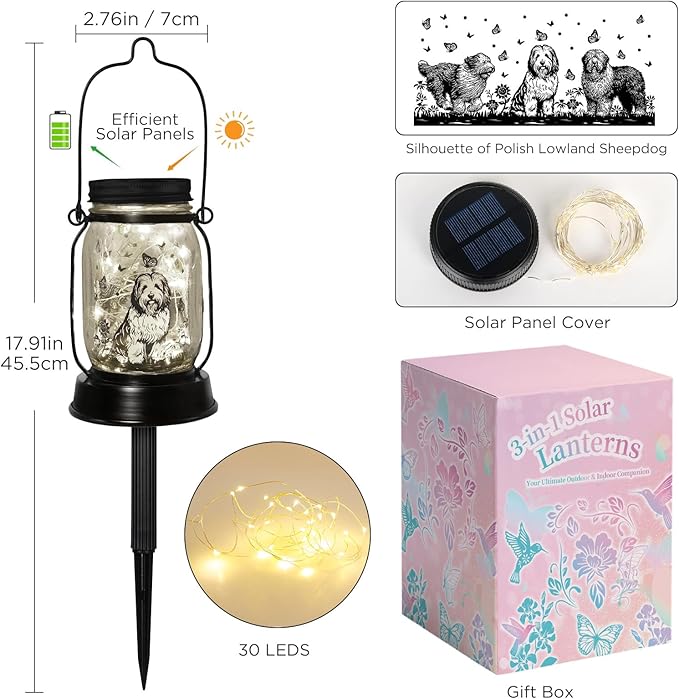 Polish Lowland Sheepdog Gifts for Women/Men, Pet Solar Lanterns Polish Lowland Sheepdog Lover Lantern Pet Loss Dog Memorial Lights Solar Garden Decoration for Yard,Patio,Torches Lights Home Decor