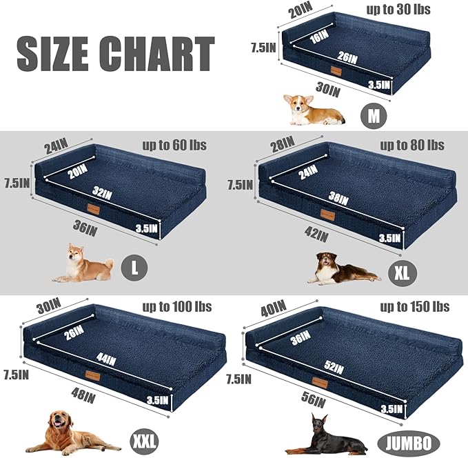 Patas Lague Orthopedic Jumbo Dog Bed for Extra Large Dogs 56''X40'', Waterproof L Bolster Pet Sofa Beds with Removable Washable Cover, Soft Comfortable Pet Couch Crate Mat with Nonskid Bottom, Navy