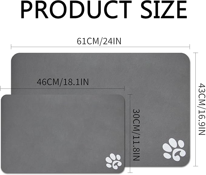 YCT Pet Dog Cat Feeding Mats - Non-Slip, Super Absorbent, Eating Mat with Footprints, 24 x 16.9 inches, Dark Grey