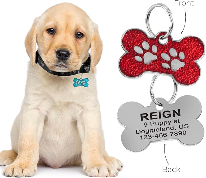 Personalized Dog Cute Paw Pet ID Tag for Pet Collar or Key Chain - Dog Name tag, cat Tags Personalized, cat id tag, Kitten Name tag, Kitten id tag (Bone-Shaped-Small: Rose Red)