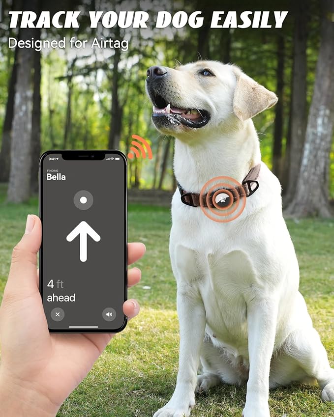 Joytale Airtag Dog Collar, Reflective Pet Collar with Waterproof AirTag Holder, Dual D-Rings, Soft Padded Adjustable for Extra Large Dogs, Brown, XL