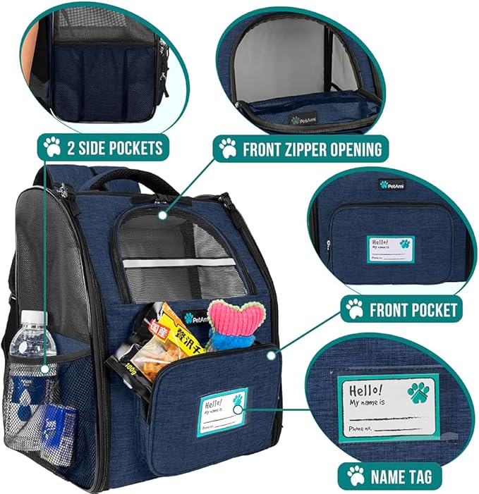 PetAmi Dog Backpack Carrier for Small Large Cat, Pet, Puppy, Ventilated Pet Hiking Backpack Travel Bag, Airline Approved Cat Backpack Carrier, Camping Biking Dog Bag Up to 18lbs Pet, Navy
