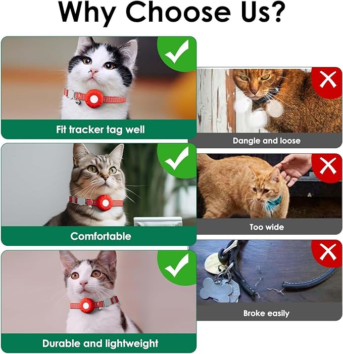 Smart Cat GPS Tracker, Cat Tracker Compatible with Apple Find My App (Only iOS), No Monthly Fee, Waterproof (White Tracker, Red Cat Collar)