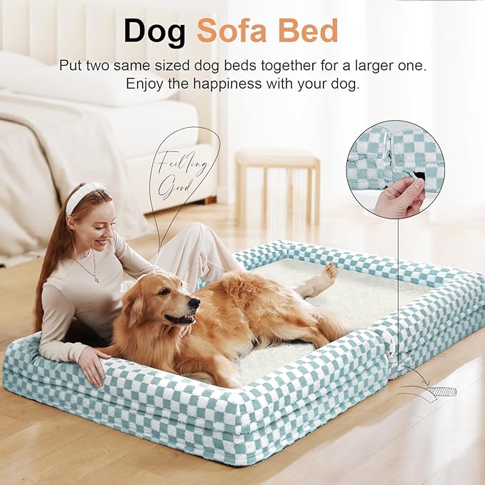 Large Dog Bed Orthopedic Washable: Beds Bolster XXL Bed Big XLarge Dogs Egg Crate Foam Sofa Couch Waterproof Removable Cover - Green Grid