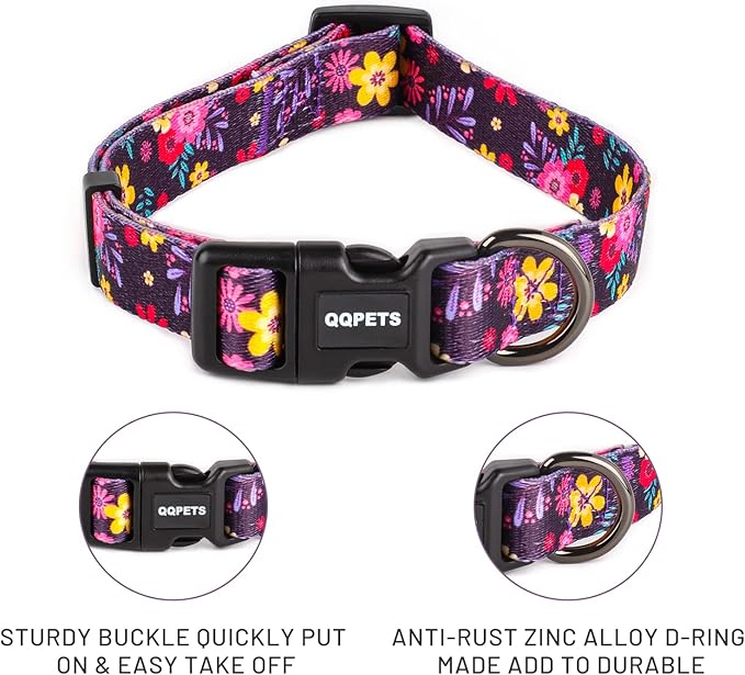 QQPETS Adjustable Soft Dog Collar: Print Flower Pink Multicolor Cute Patterns for XS Small Medium Large Pet Girl Boy Puppy Walking Running Training (XS, Elegant Purple)