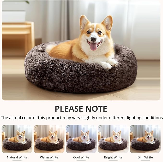 JOLLYVOGUE Calming Dog Bed Medium Size Dog, Anti-Anxiety Donut Medium Pet Bed, 31 inches Fluffy Faux Fur Round Cat Bed, Fits up to 45 lbs Pets