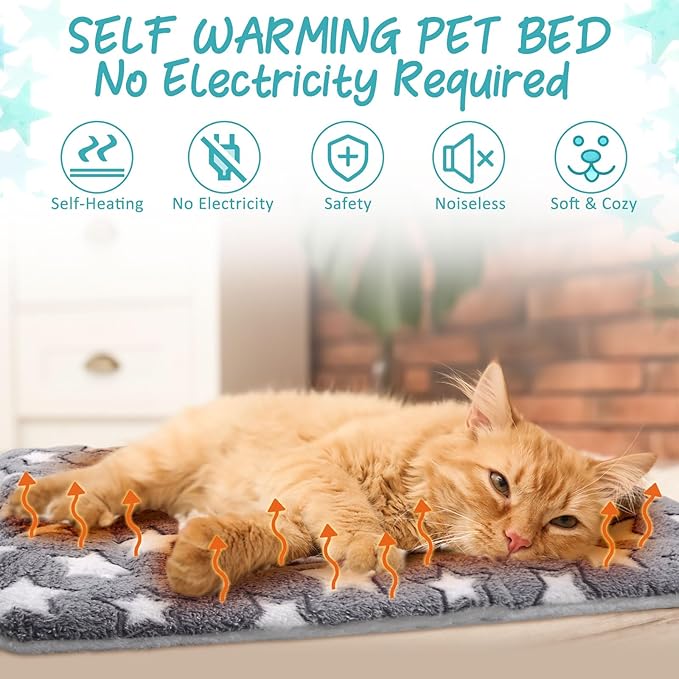 VitalCozy 2 Pack Self Warming Cat Mat Self Heating Pad Bed Reversible Machine Washable Reflects Body Heat Warm Thermal Pet Pad Crate Blanket for Feral and Indoor Cat(Star,22'' X 18'')