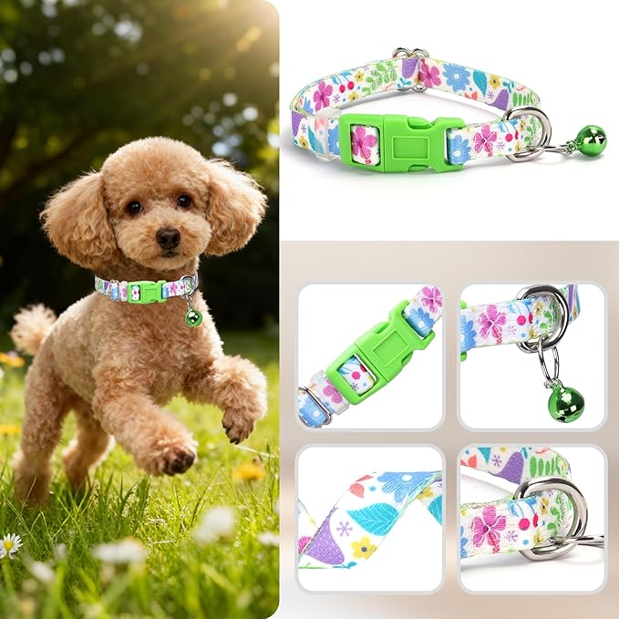 Small Dog Collar with Bell，Nylon - Adjustable XXS/XS/S Tiny Dog & Cat Collar for Small Breeds,Soft Pink Collar with Quick-Release Buckle（Spring XS）