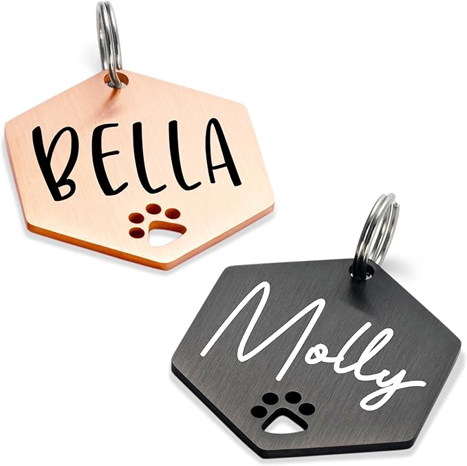 Ultra Joys Dog Tags Personalized for Pets - Hollow Paw Custom Pet ID Tag - Engraved Dog Tag for Small, Large Dogs - Small Hexagon in Rose