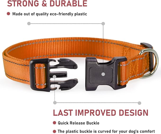 Reflective Dog Collar with Buckle Adjustable Safety Nylon Collars for Small Medium Large Dogs, Orange XXS