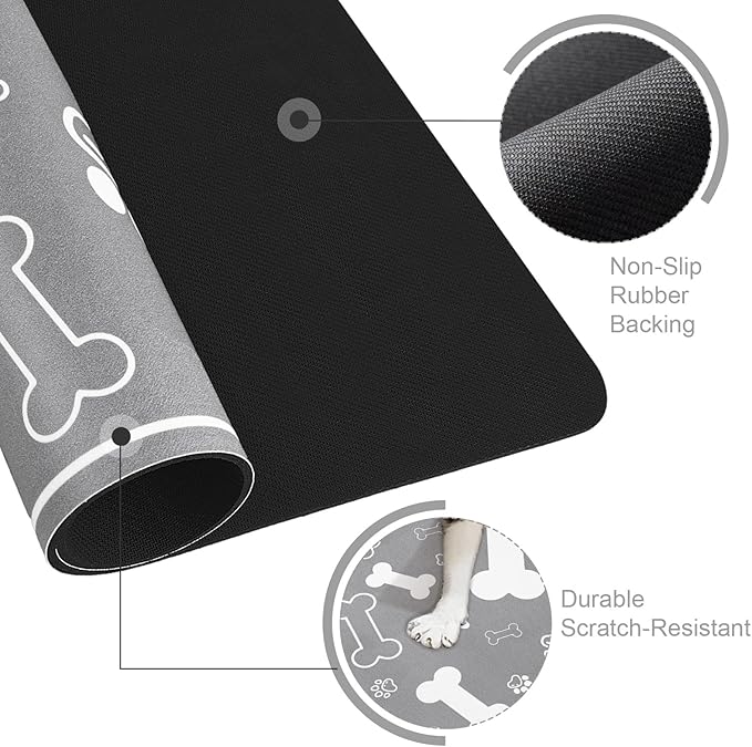 Pet Feeding Mat,Rapid Absorbent Mats for Dog Cat Food, Dog Placemat Water Bowl Mat with Rubber Backing,Messy Drinkers to Protect Floors, Pet Accessories 12"x18" Grey