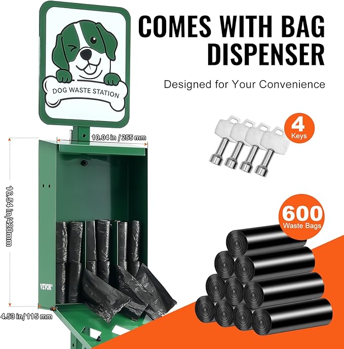 VEVOR Pet Waste Bin, 11.5 Gallon Dog Poop Station with 50 Liners & 600 Bags, Outdoor Dog Waste Disposal System