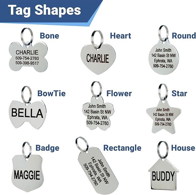 GoTags Stainless Steel Pet ID Tags, Personalized Dog Tags and Cat Tags, up to 8 Lines of Custom Text, Engraved on Both Sides, in Bone, Round, Heart, Bowtie and More (Rectangle, Regular (Pack of 1))