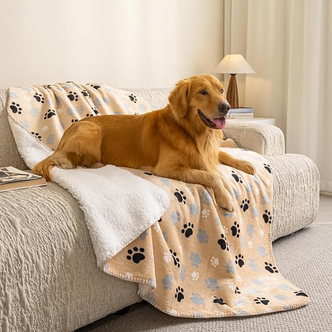 Dog Blankets Waterproof Pet Blanket Paw Printing Super Soft Warm Fluffy Facecloth Sofa Car Bed Protector, Urine Proof Washable for Puppy Large Dogs & Cats 40"*30" Beige