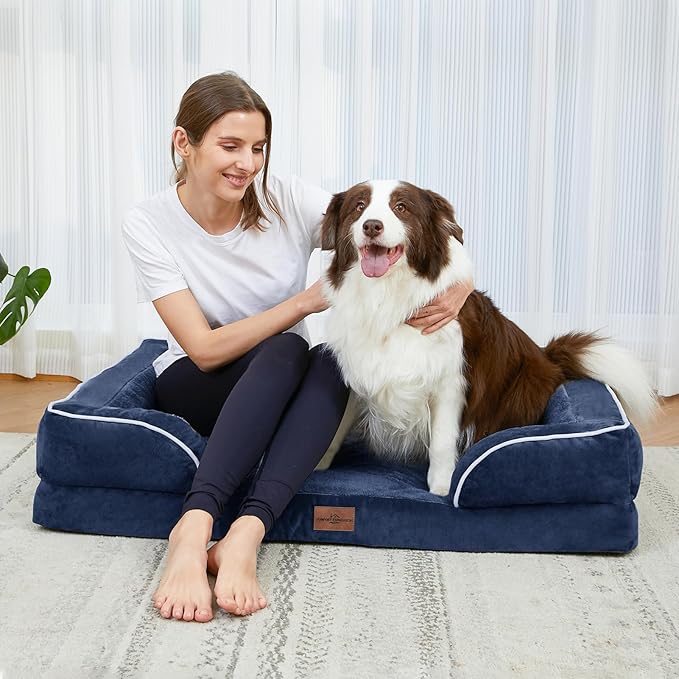 Comfort Expression Orthopedic Dog Bed for Medium Dogs 28x19 Inch, Waterproof Supportive Egg Crate Foam Medium Pet Bed with Removable Bolster, Dog Couch with Washable Cover & Non-Slip Bottom, Navy Blue